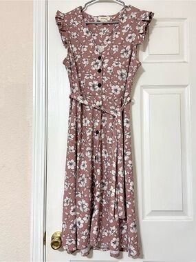 Monteau Mauve Floral Button-Front Midi Dress with Tie